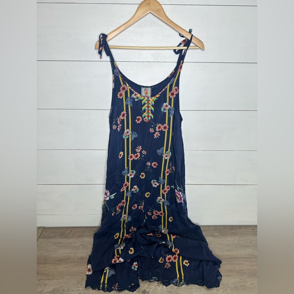Johnny Was Embroidered Boho Maxi Jumper Dress Navy Blue Floral Rayon Size Medium - Picture 2 of 7